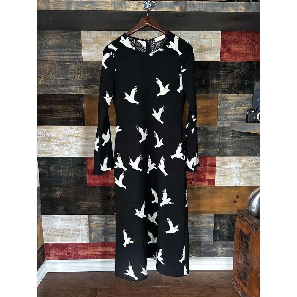 Stine Goya Dress Maxi Dove Print Bird Longsleeve Size XS Black